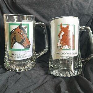 Lot of 2 Glass Horse Steins/Mugs SEA BISCUIT & SLEW OF DAMACUS Chris K Phillips